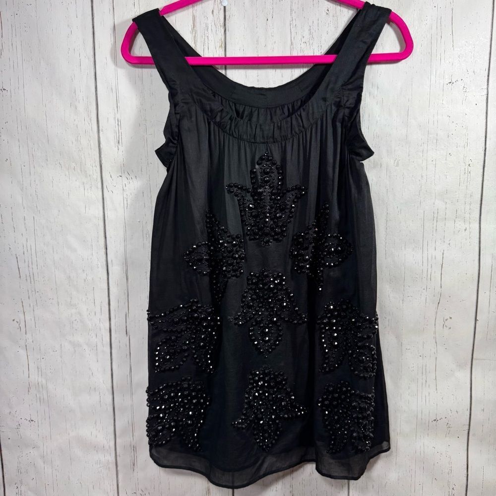 Karta Womens Chic Black Beaded Tank Top Sleeveless 100% Cotton Party Artsy Boho